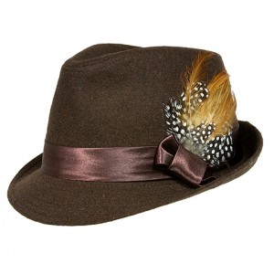 Fedora Hat – 12 PCS Wool-felt w/ Satin Ribbon Bow & Feather - Brown - HT-AHA51777BR